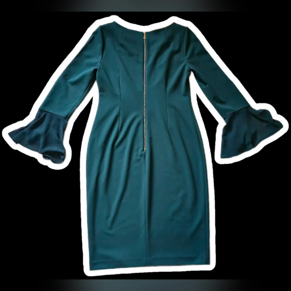 Calvin Klein Forest Green Chiffon Bell Sleeve Sheath Dress - Size 10 - Picture 4 of 12